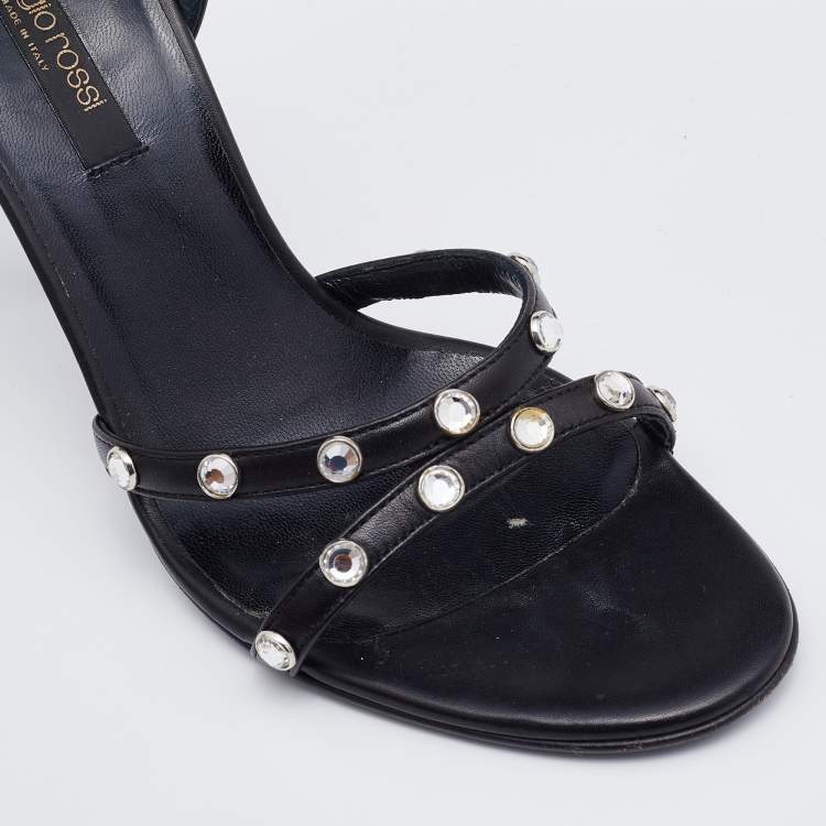 Pre Owned Sergio Rossi Black Leather Crystal Embellished Strappy Sandals Size 36.5