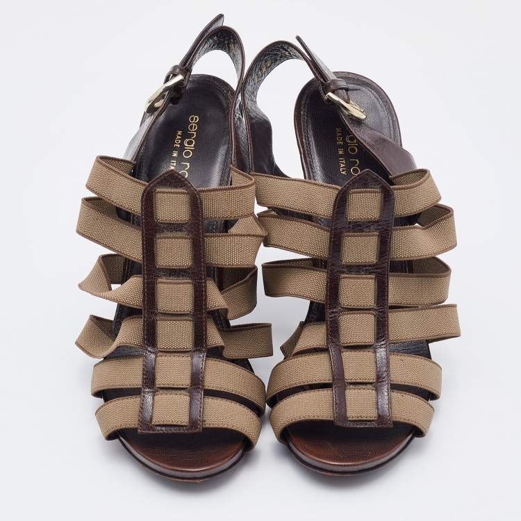 Pre Owned Sergio Rossi Brown/Olive Leather and Elastic Strappy Sandals Size 37