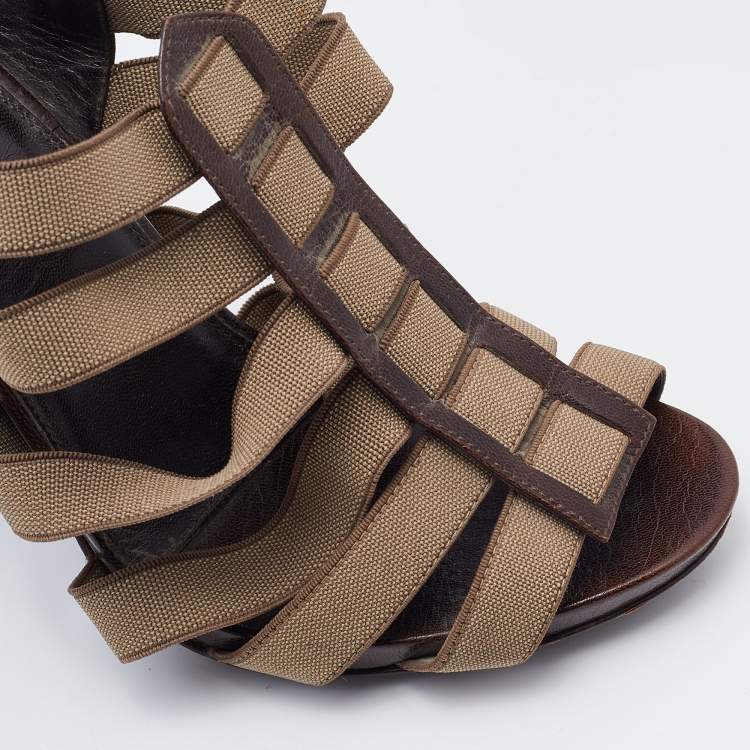 Pre Owned Sergio Rossi Brown/Olive Leather and Elastic Strappy Sandals Size 37