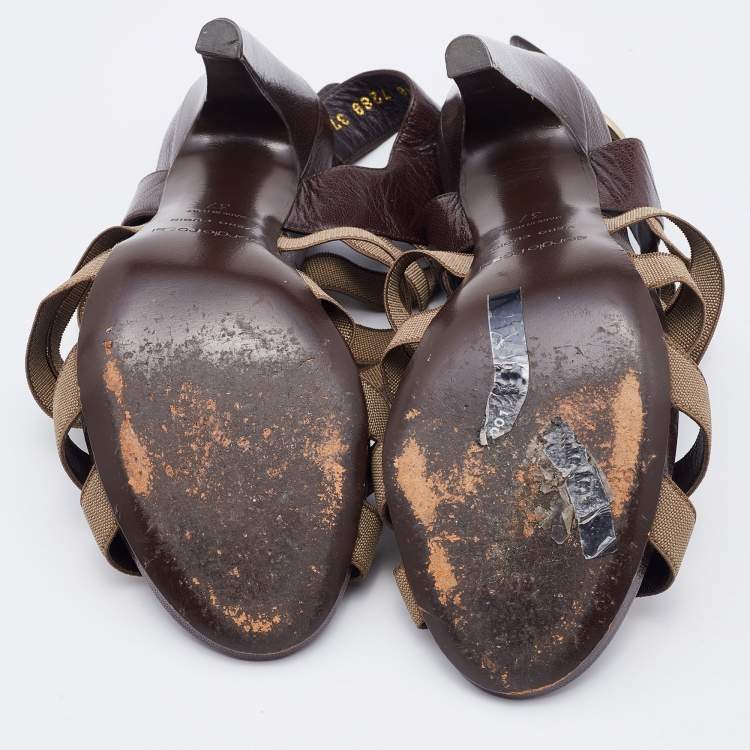 Pre Owned Sergio Rossi Brown/Olive Leather and Elastic Strappy Sandals Size 37