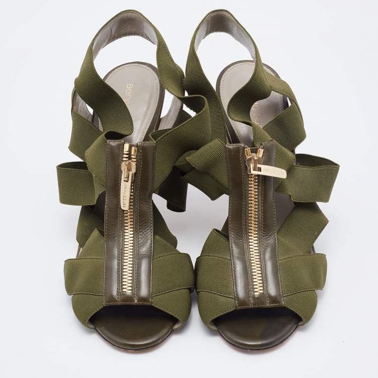 Pre Owned Sergio Rossi Olive Green Leather and Stretch Band Strappy Sandals Size 37