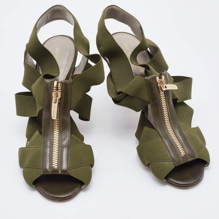 Pre Owned Sergio Rossi Olive Green Leather and Stretch Band Strappy Sandals Size 37