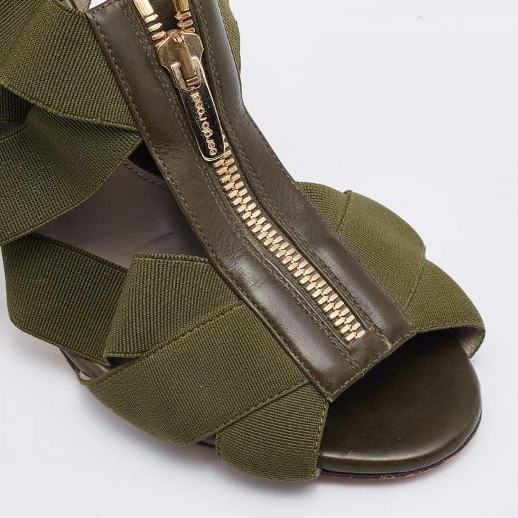 Pre Owned Sergio Rossi Olive Green Leather and Stretch Band Strappy Sandals Size 37