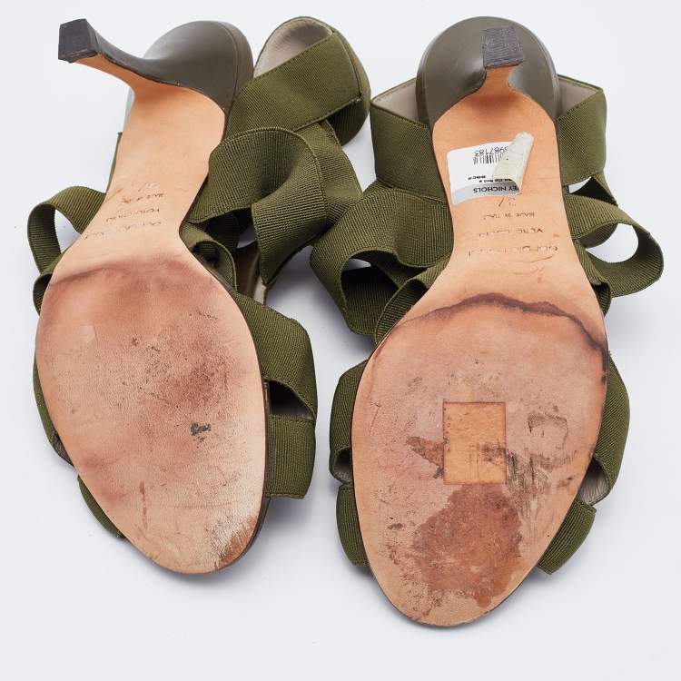 Pre Owned Sergio Rossi Olive Green Leather and Stretch Band Strappy Sandals Size 37