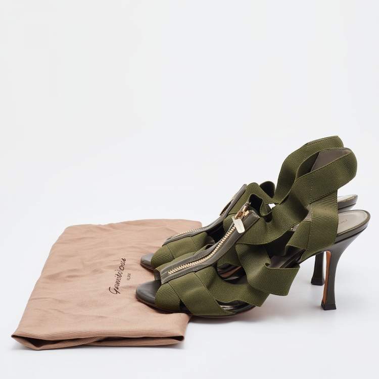 Pre Owned Sergio Rossi Olive Green Leather and Stretch Band Strappy Sandals Size 37
