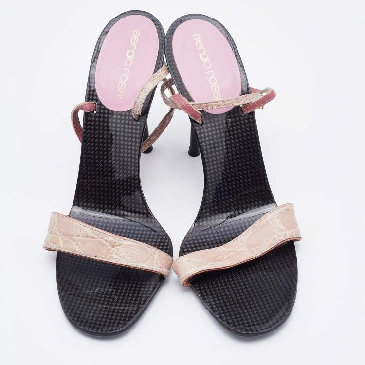 Pre Owned Sergio Rossi Pink Croc Embossed Leather Ankle Strap Sandals Size 38