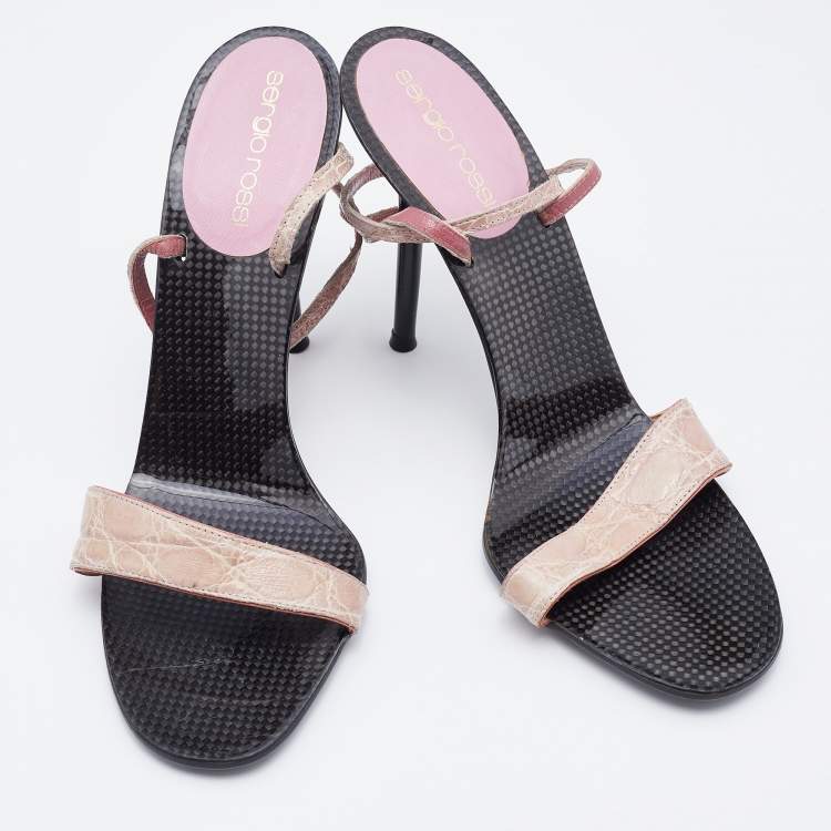 Pre Owned Sergio Rossi Pink Croc Embossed Leather Ankle Strap Sandals Size 38