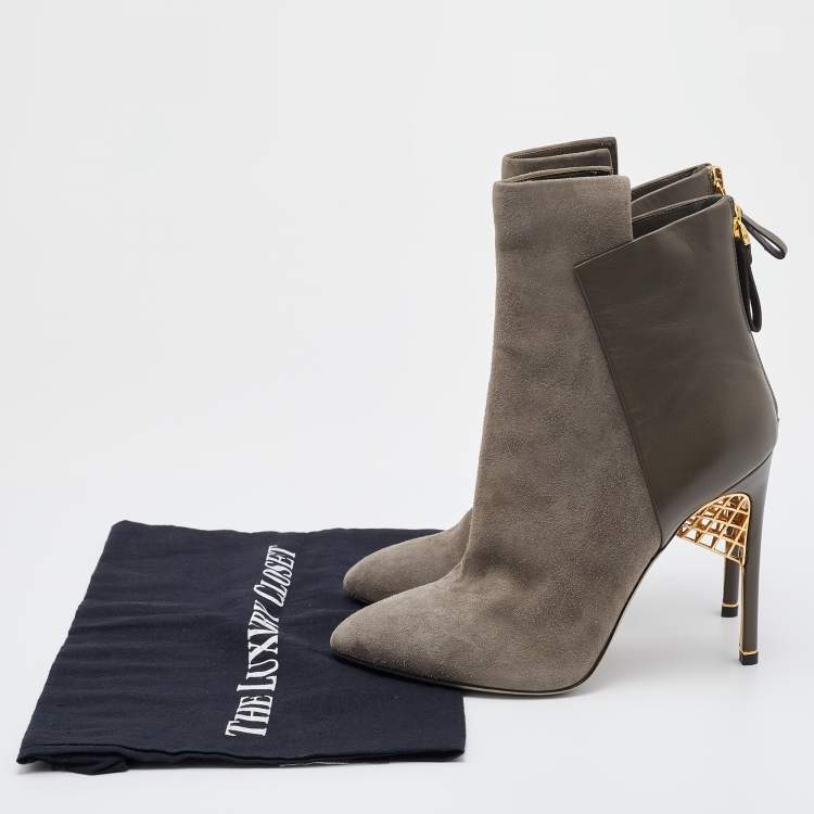 Pre Owned Sergio Rossi Grey Suede and Leather Ankle Length Boots Size 38