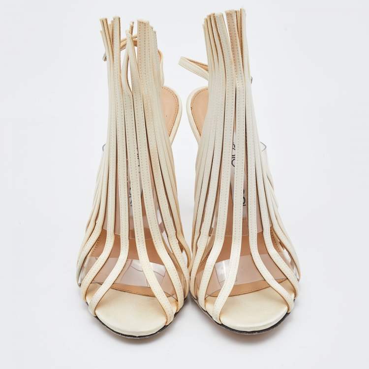 Pre Owned Sergio Rossi Cream/Transparent Satin and PVC Strappy Sandals Size 36.5