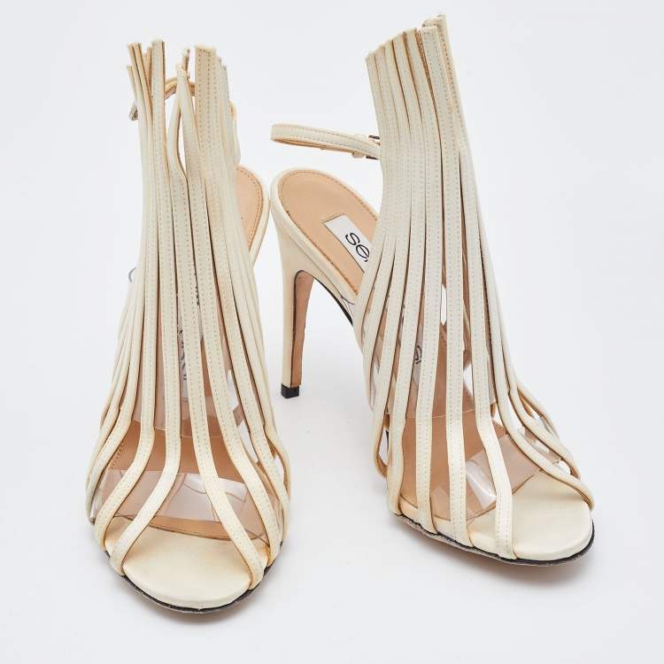 Pre Owned Sergio Rossi Cream/Transparent Satin and PVC Strappy Sandals Size 36.5