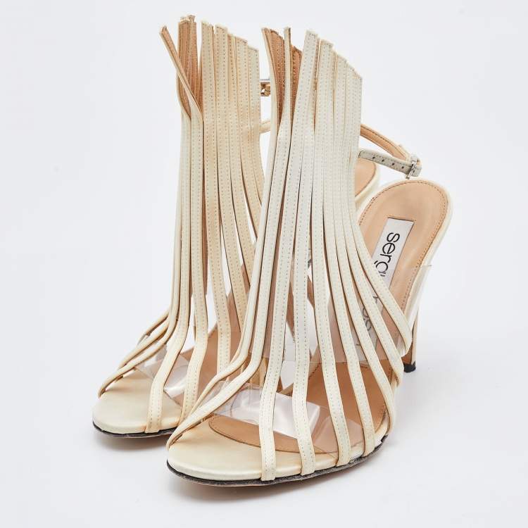 Pre Owned Sergio Rossi Cream/Transparent Satin and PVC Strappy Sandals Size 36.5