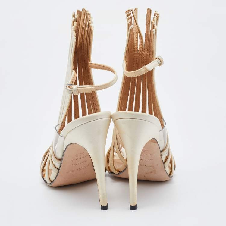 Pre Owned Sergio Rossi Cream/Transparent Satin and PVC Strappy Sandals Size 36.5