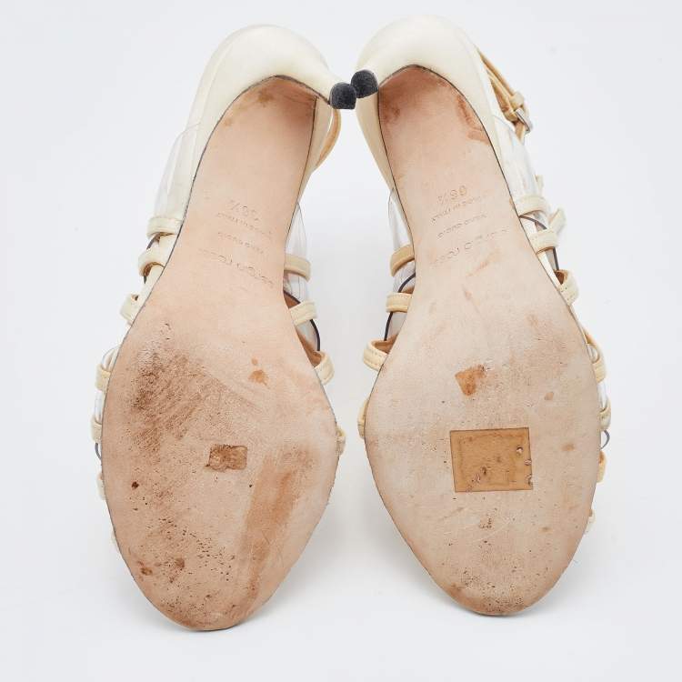 Pre Owned Sergio Rossi Cream/Transparent Satin and PVC Strappy Sandals Size 36.5
