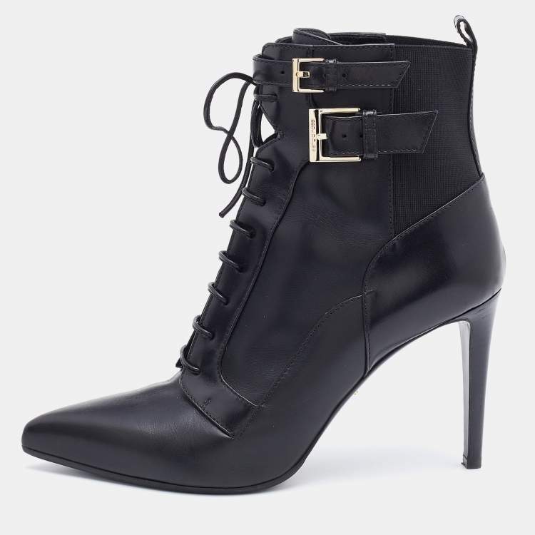 Pre Owned Sergio Rossi Black Leather Buckle Detail Lace Up Ankle Length Boots Size 39