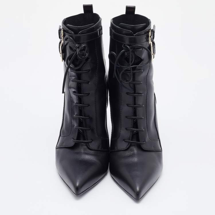 Pre Owned Sergio Rossi Black Leather Buckle Detail Lace Up Ankle Length Boots Size 39