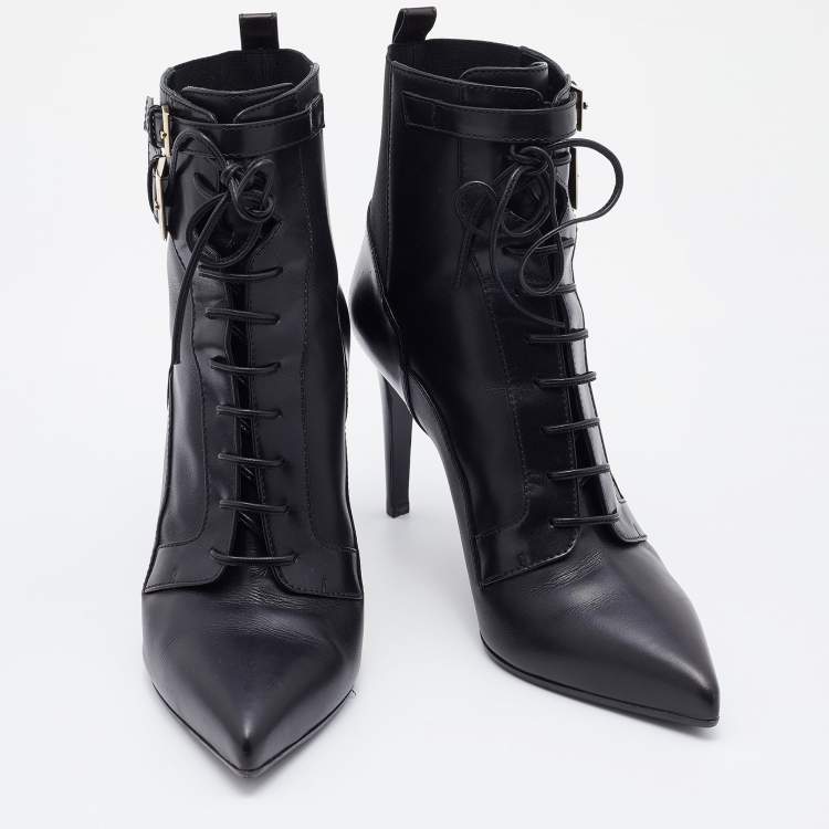 Pre Owned Sergio Rossi Black Leather Buckle Detail Lace Up Ankle Length Boots Size 39