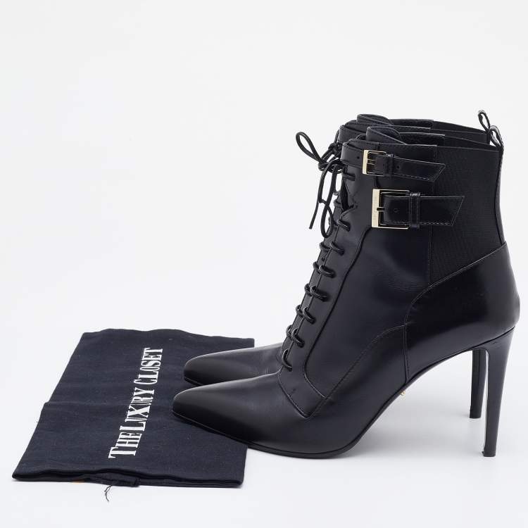 Pre Owned Sergio Rossi Black Leather Buckle Detail Lace Up Ankle Length Boots Size 39
