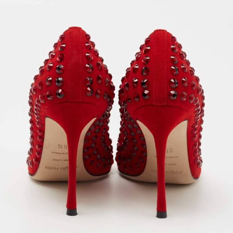 Pre Owned Sergio Rossi Red Suede Studded Pointed Toe Pumps Size 35.5