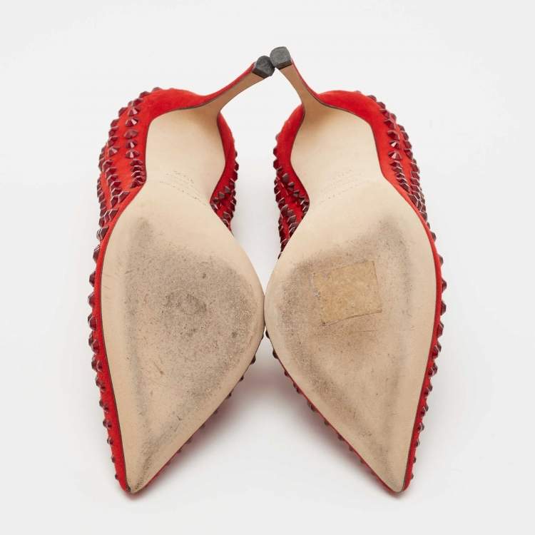Pre Owned Sergio Rossi Red Suede Studded Pointed Toe Pumps Size 35.5