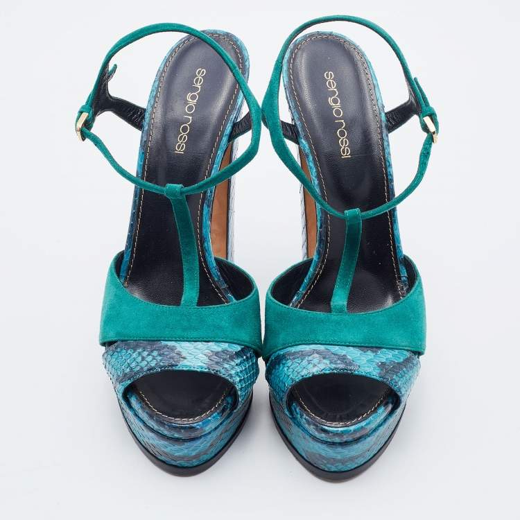Pre Owned Sergio Rossi Blue/Green Suede and Python Leather Platform T-Strap Sandals Size 38