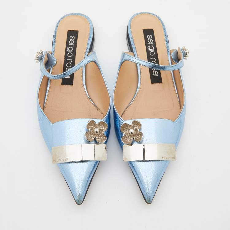 Pre Owned Sergio Rossi Metallic Blue Textured Leather Flower Detail Flat Mules Size 38