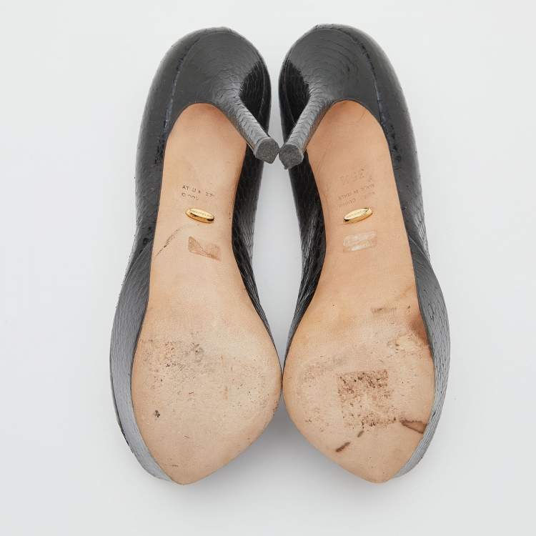 مملوكة مسبقًا Sergio Rossi Black Python Leather Peep Toe Platform Pumps Size 35.5