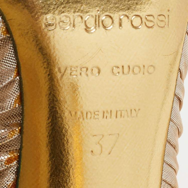 مملوكة مسبقًا Sergio Rossi Gold Ruffled Lame Fabric Peep Toe Pumps Size 37