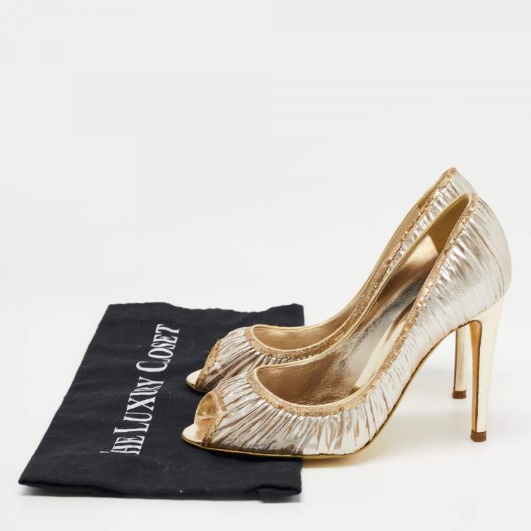مملوكة مسبقًا Sergio Rossi Gold Ruffled Lame Fabric Peep Toe Pumps Size 37
