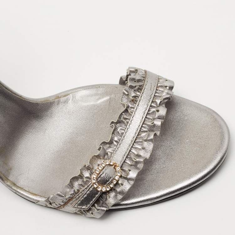 Pre Owned Sergio Rossi Metallic Grey Ruffle Leather Ankle Strap Sandals Size 40