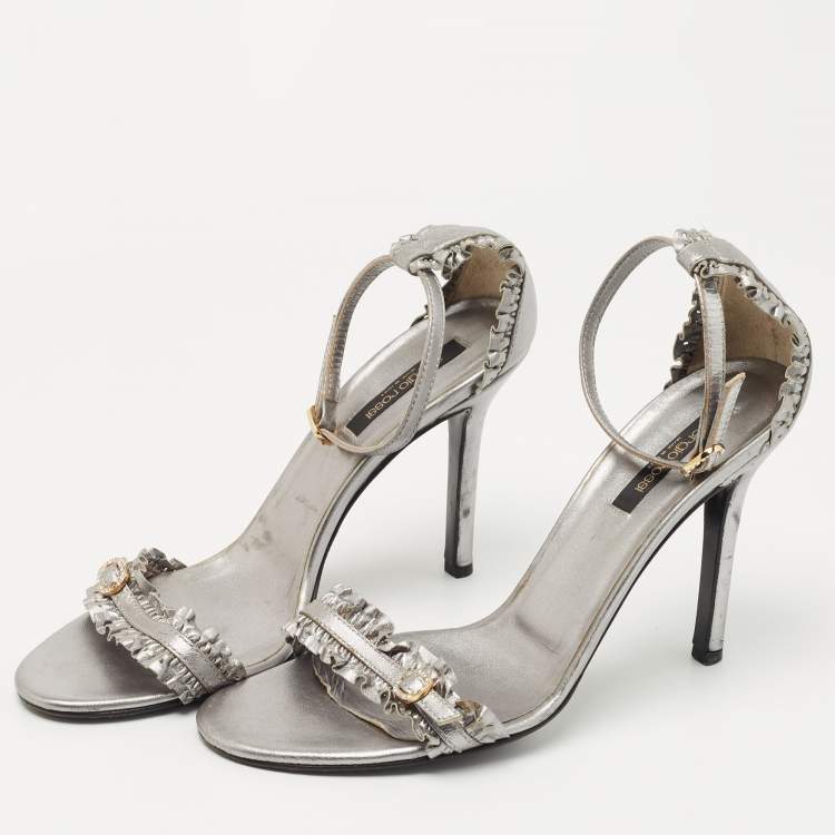 Pre Owned Sergio Rossi Metallic Grey Ruffle Leather Ankle Strap Sandals Size 40