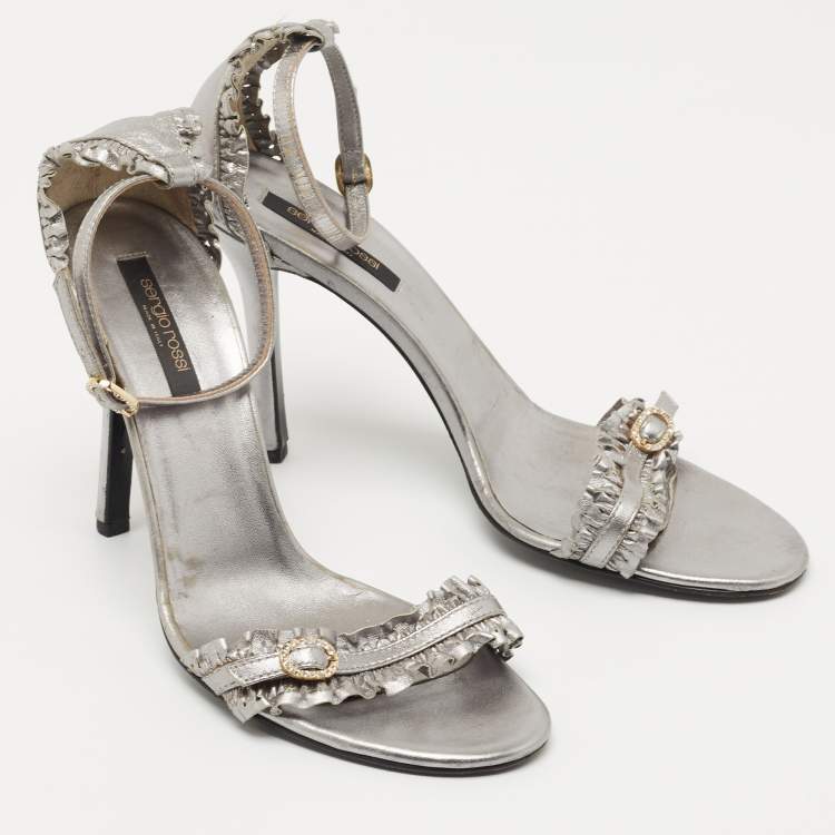 Pre Owned Sergio Rossi Metallic Grey Ruffle Leather Ankle Strap Sandals Size 40