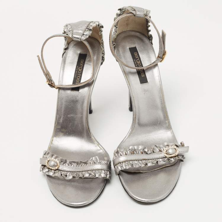 Pre Owned Sergio Rossi Metallic Grey Ruffle Leather Ankle Strap Sandals Size 40