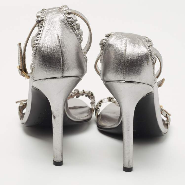Pre Owned Sergio Rossi Metallic Grey Ruffle Leather Ankle Strap Sandals Size 40
