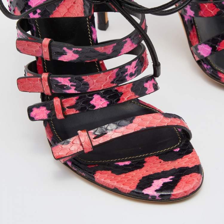 Pre Owned Sergio Rossi Pink/Black Python Leather Ankle Tie Up Strappy Sandals Size 36