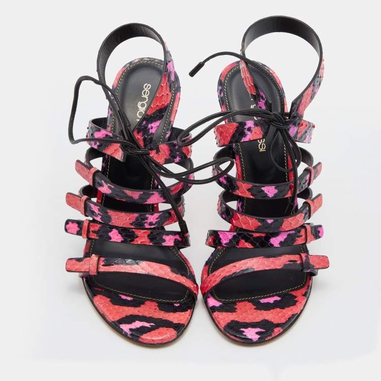 Pre Owned Sergio Rossi Pink/Black Python Leather Ankle Tie Up Strappy Sandals Size 36