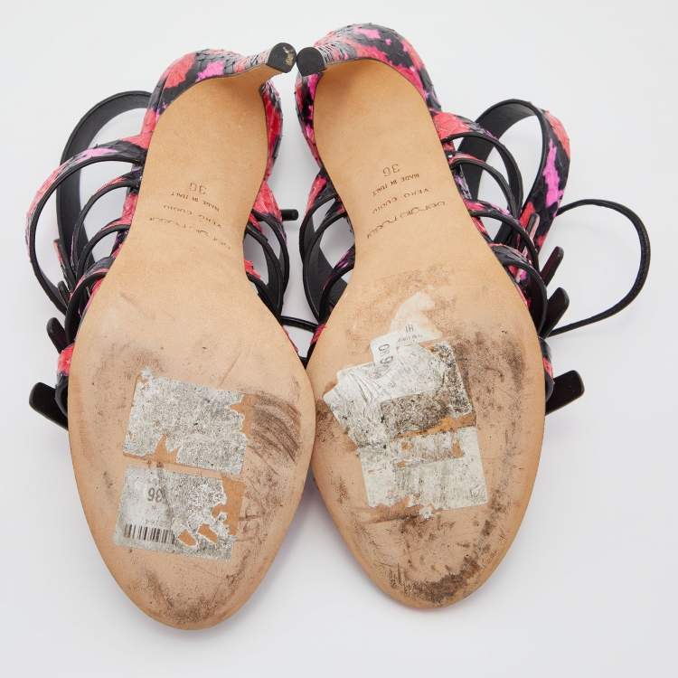 Pre Owned Sergio Rossi Pink/Black Python Leather Ankle Tie Up Strappy Sandals Size 36