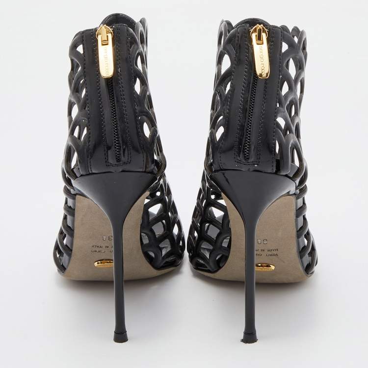 Pre Owned Sergio Rossi Black Leather Scalloped Open Toe Caged Booties Size 38