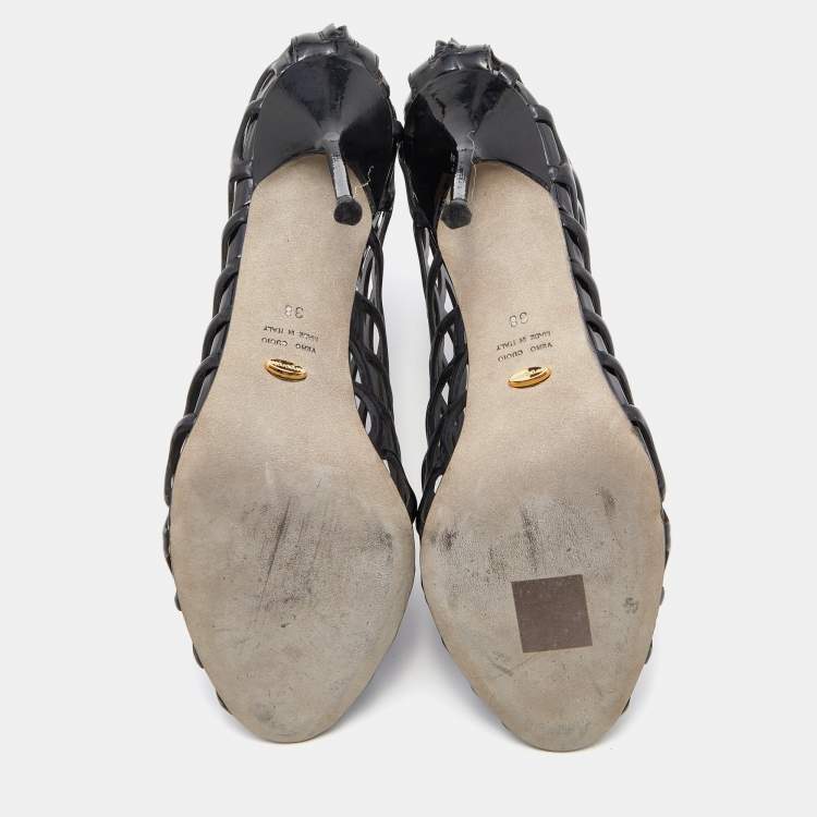 Pre Owned Sergio Rossi Black Leather Scalloped Open Toe Caged Booties Size 38