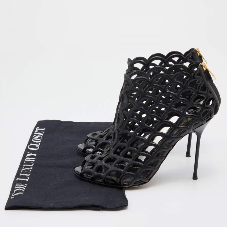 Pre Owned Sergio Rossi Black Leather Scalloped Open Toe Caged Booties Size 38