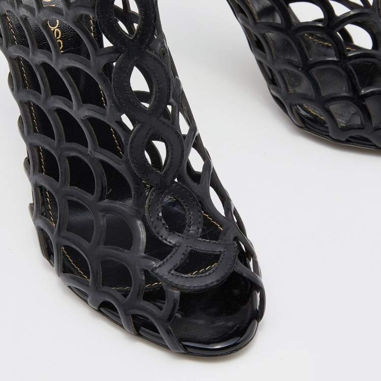 Pre Owned Sergio Rossi Black Leather Scalloped Open Toe Caged Booties Size 38