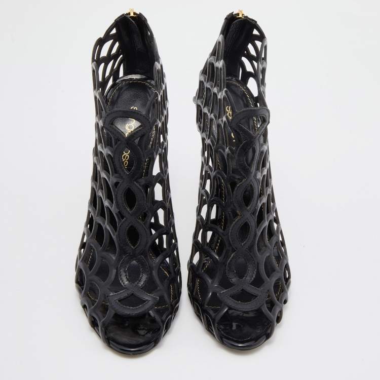 Pre Owned Sergio Rossi Black Leather Scalloped Open Toe Caged Booties Size 38