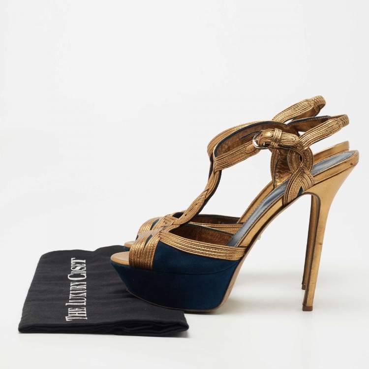 Pre Owned Sergio Rossi Blue/Gold Leather and Suede Platform Ankle Strap Sandals Size 39