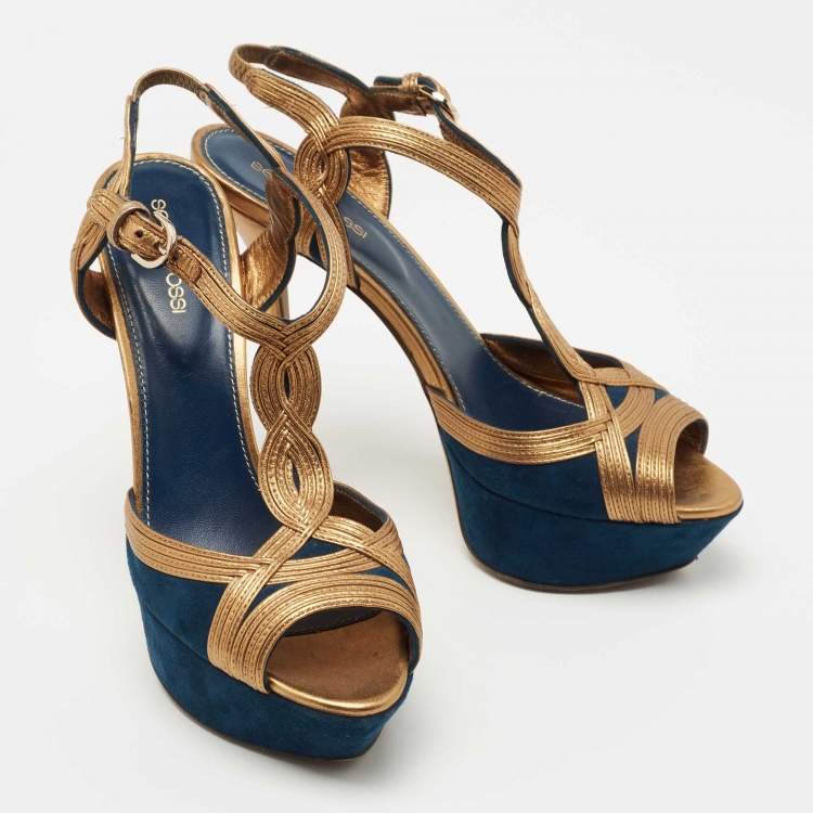 Pre Owned Sergio Rossi Blue/Gold Leather and Suede Platform Ankle Strap Sandals Size 39