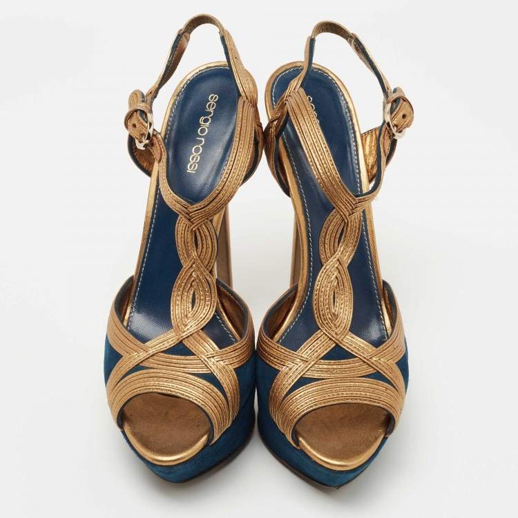 Pre Owned Sergio Rossi Blue/Gold Leather and Suede Platform Ankle Strap Sandals Size 39