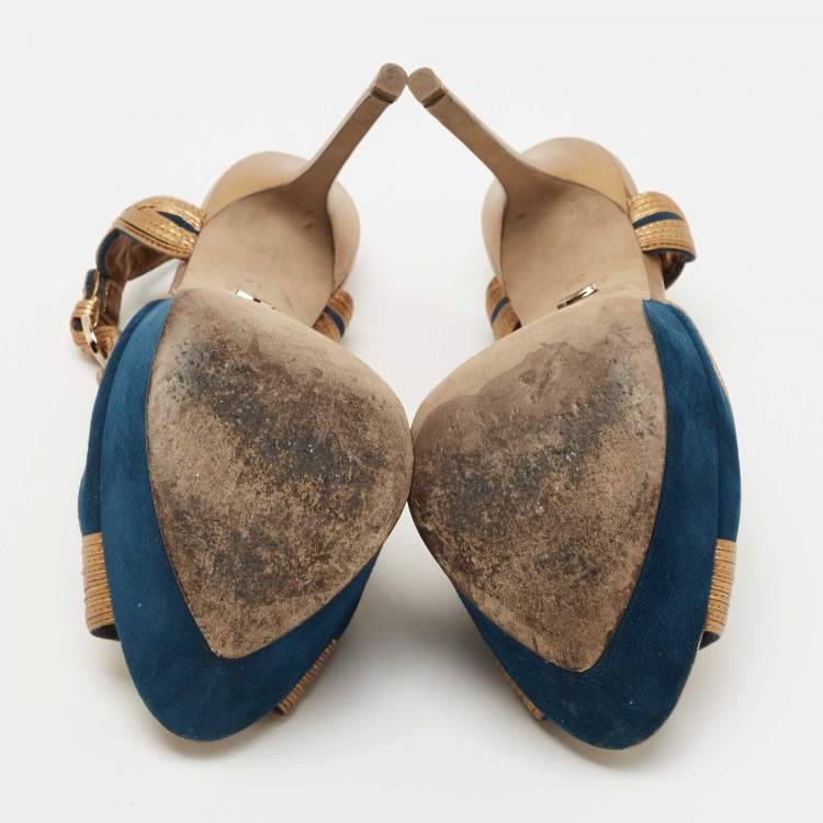 Pre Owned Sergio Rossi Blue/Gold Leather and Suede Platform Ankle Strap Sandals Size 39