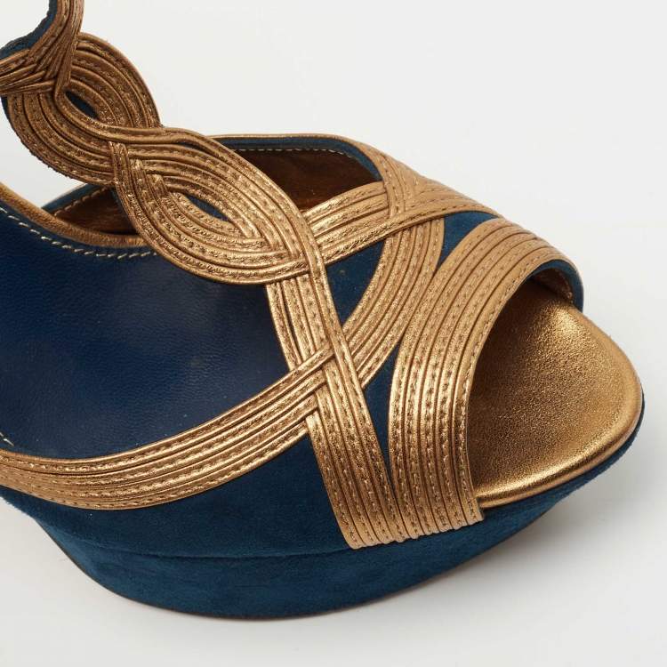 Pre Owned Sergio Rossi Blue/Gold Leather and Suede Platform Ankle Strap Sandals Size 39