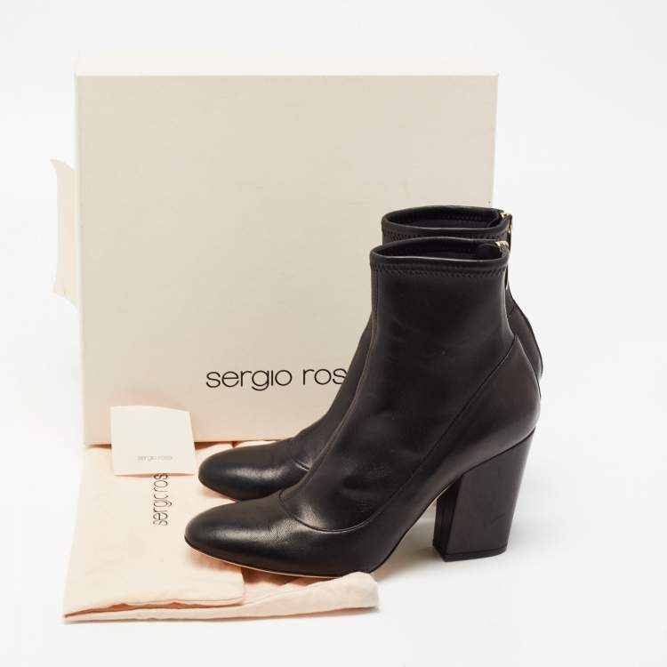 Pre Owned Sergio Rossi Black Leather Block Heel Ankle Boots Size 39