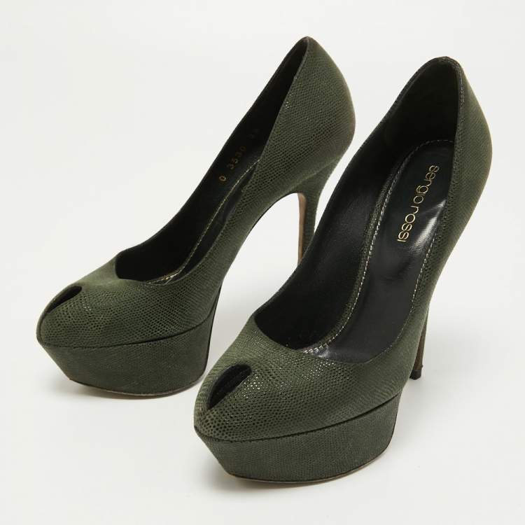 Pre Owned Sergio Rossi Dark Green Textured Suede Peep Toe Platform Pumps Size 35