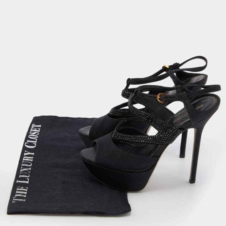 Pre Owned Sergio Rossi Black Satin and Leather Crystal Embellished Platform Sandals Size 36.5