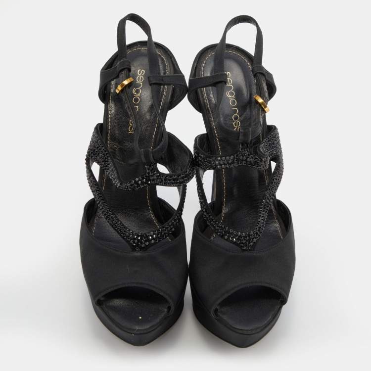 Pre Owned Sergio Rossi Black Satin and Leather Crystal Embellished Platform Sandals Size 36.5